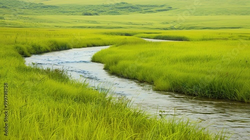 Beautiful Grassland River and Green Grassland Background: A Serene Natural Scene. Admire the Peace and Beauty