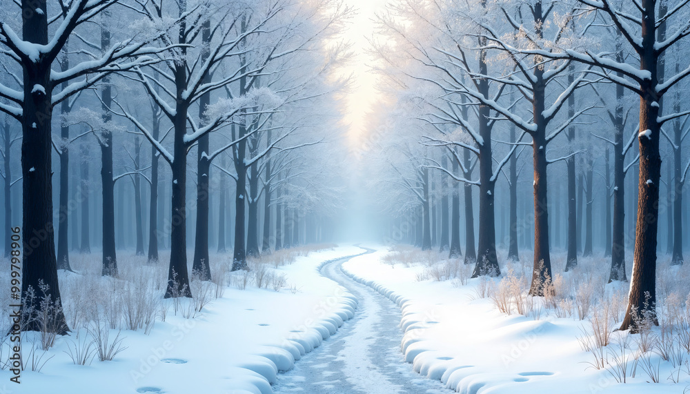 Snowy path through winter forest with sunlight Snowy path through winter forest with sunlight