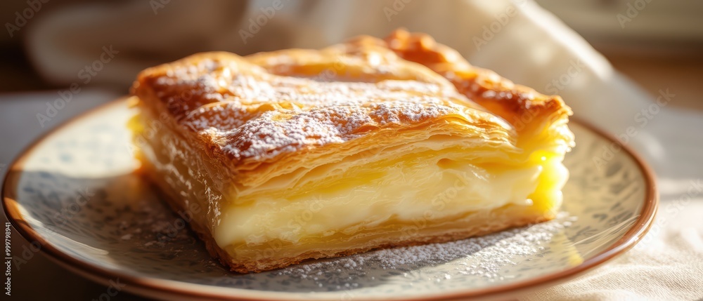 Delicious layered pastry dessert on a decorative plate, warm light ambiance. Delicious layered pastry dessert on a decorative plate, warm light ambiance.