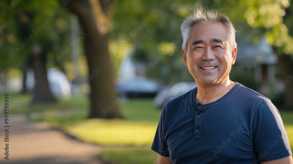 An older Asian man engages in outdoor exercise, exuding joy in a serene neighborhood setting An older Asian man engages in outdoor exercise, exuding joy in a serene neighborhood setting