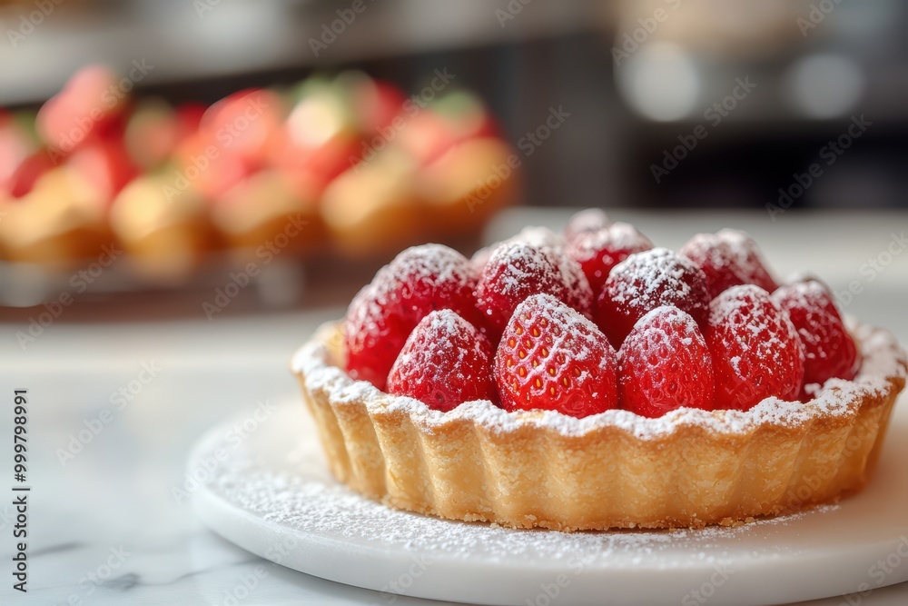 Delicious strawberry tart topped with powdered sugar, beautifully presented. Delicious strawberry tart topped with powdered sugar, beautifully presented.