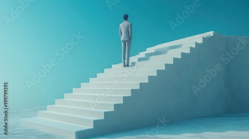 Man Standing on White Stairs Reaching for Success