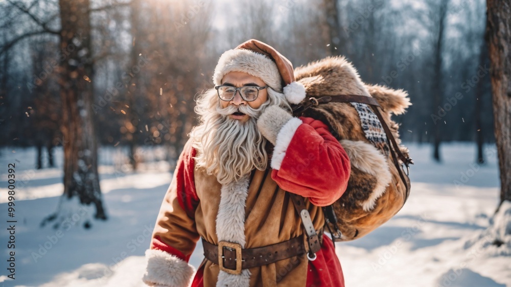Fototapeta premium Portrait of a bearded Santa Claus in the winter forest. Christmas concept.