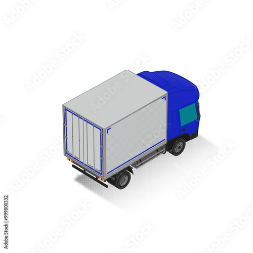 3D Isometric Cargo Truck Half Tone Vector Illustration Modern Blue Cabine and White Van City Delivery Vehicle 4x2 Design for Logistics and Transport Presentation Social Media Video Promo Back Right photo