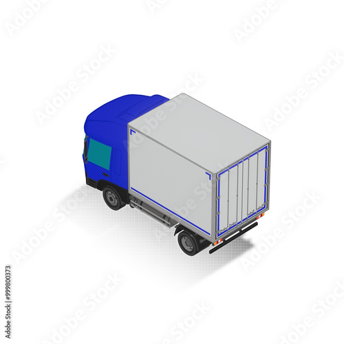 3D Isometric Cargo Truck Half Tone Vector Illustration Modern Blue Cabine and White Van City Delivery Vehicle 4x2 Design for Logistics and Transport Presentation Social Media Video Promo Back Left photo