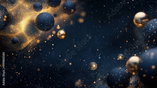 A collection of abstract orbs in deep navy and gold, glowing softly against a starry, dark background photo