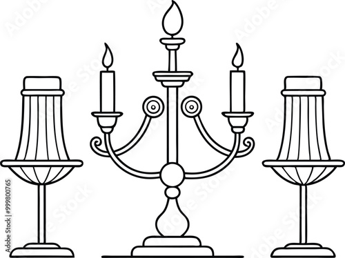 Single line art Candle and Candlestick Chandelier illustration on black and white.