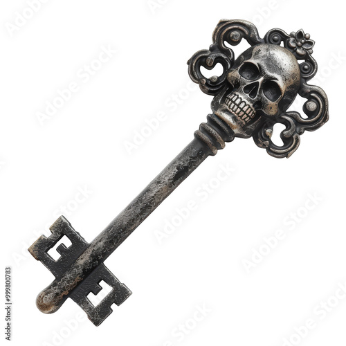 Vintage Key with Skull Design for Halloween Decor on Transparent Background