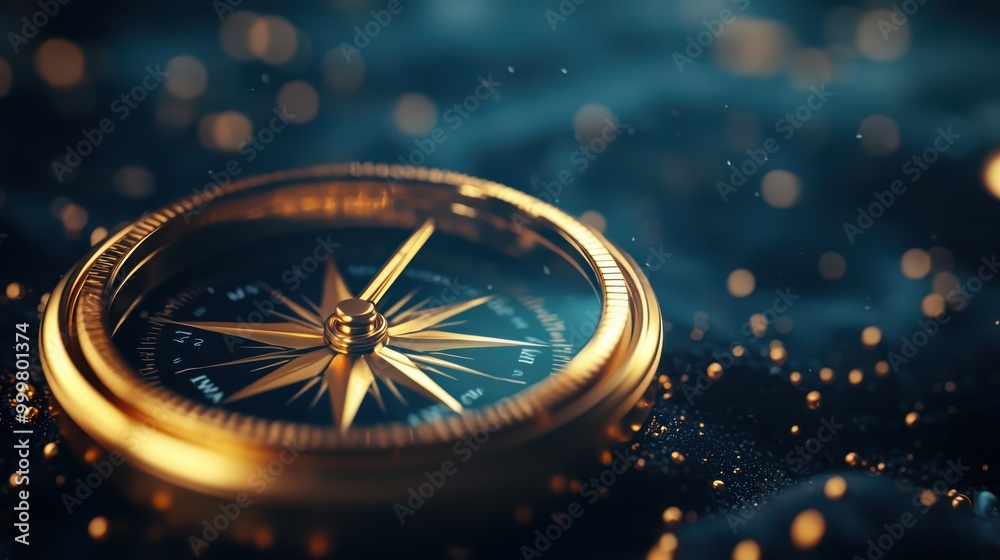 Elegant compass resting on a reflective surface with bokeh lights Elegant compass resting on a reflective surface with bokeh lights