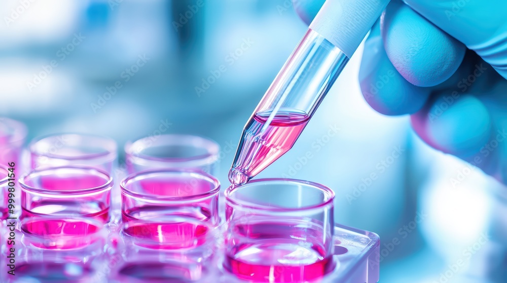Lab technician adding liquid to test tubes with pink solution, high-tech laboratory. Lab technician adding liquid to test tubes with pink solution, high-tech laboratory.
