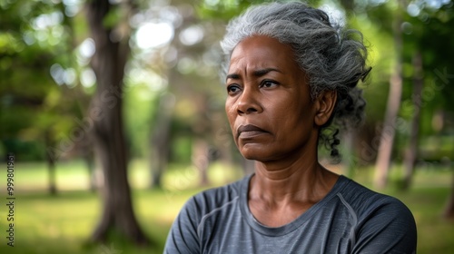 An older Black woman exercises outside while looking thoughtfully off camera