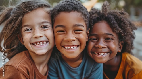 Three happy, diverse children in a close-up photo