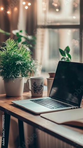 Cozy home office setup with laptop, potted plants, and warm lighting creating a serene atmosphere for remote work or study by a window on a wooden desk.