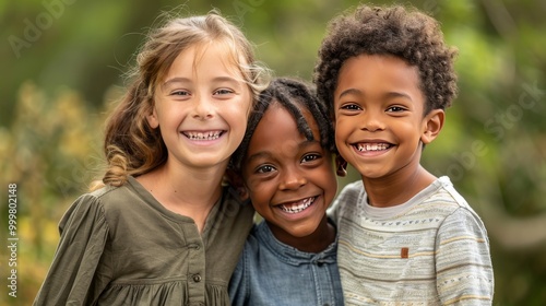 Three happy kids of different ethnicities, smiling together