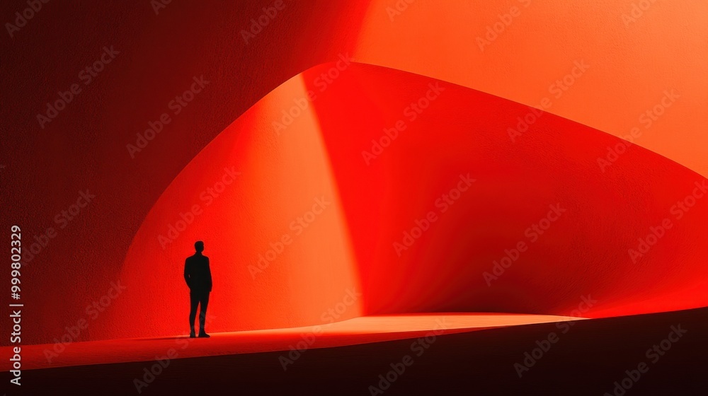 Fototapeta premium Silhouette of a Man in a Red Abstract Architecture