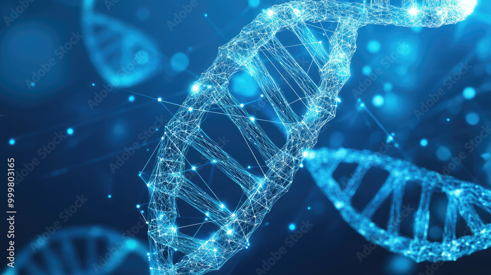 Wireframe DNA Structure Against Starry Blue Background, Innovative representation of genetic design, merging science and technology themes. Wireframe DNA Structure Against Starry Blue Background, Innovative representation of genetic design, merging science and technology themes.