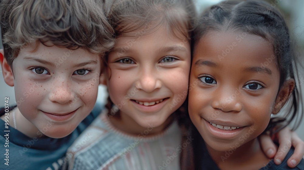 Three kids of varied ethnicities, smiling together Three kids of varied ethnicities, smiling together