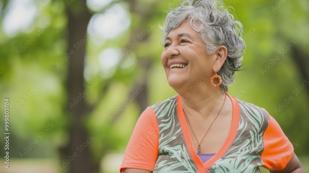 An older Hispanic woman smiles while engaging in outdoor exercise, radiating happiness An older Hispanic woman smiles while engaging in outdoor exercise, radiating happiness