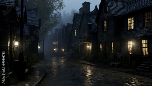 Victorian-Style Old Buildings on a Dark Night Street