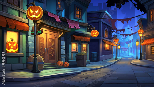 Charming Halloween Night Street: Houses Adorned with Pumpkins and Jack-O'-Lanterns