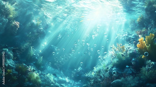 Abstract underwater background with sunlight and air bubbles. 