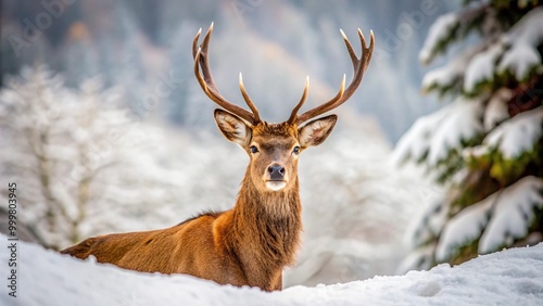 High angle focused shot of a red deer in the wild in snowy conditions wildlife photography