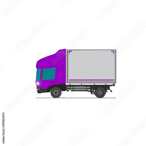 3D Isometric Cargo Truck Half Tone Vector Illustration Modern Violet Cabine and White Van City Delivery Vehicle 4x2 Design for Logistics and Transport Presentation Social Media Video Promo Left photo