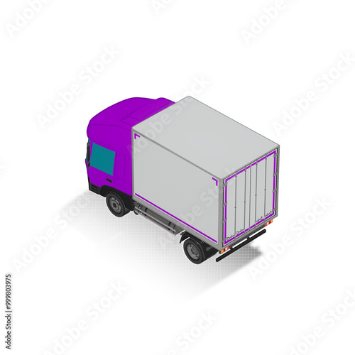 3D Isometric Cargo Truck Half Tone Vector Illustration Modern Violet Cabine and White Van City Delivery Vehicle 4x2 Design for Logistics and Transport Presentation Social Media Video Promo Back Left photo