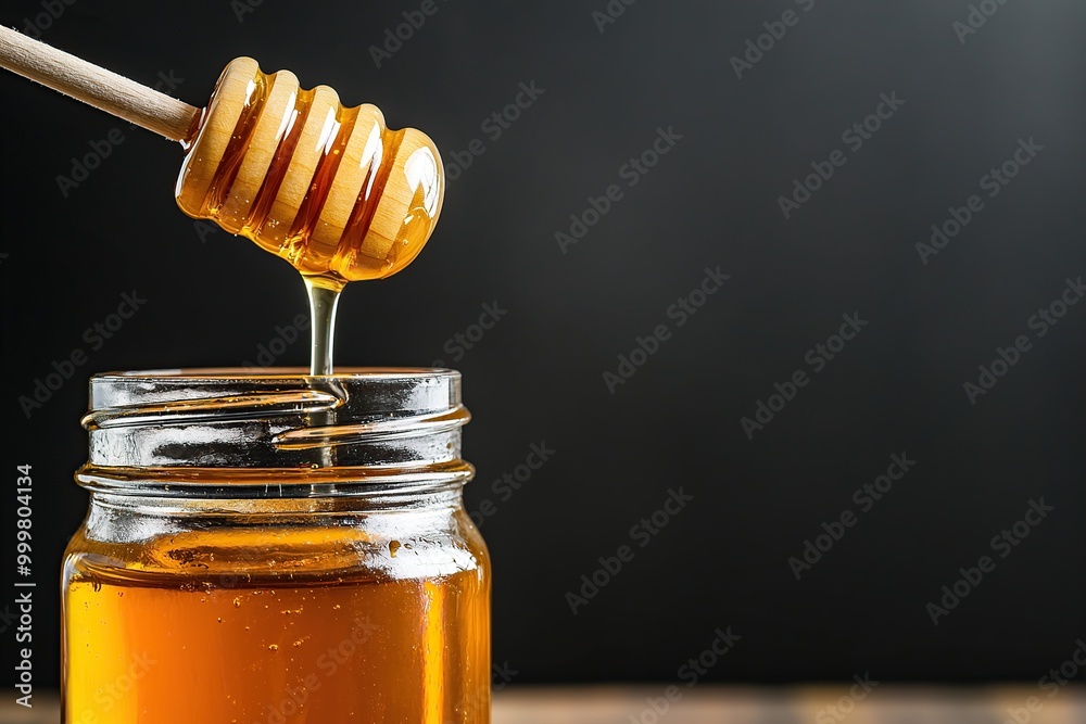 Honey on dipper stick, honey on jar bellow, isolated black background