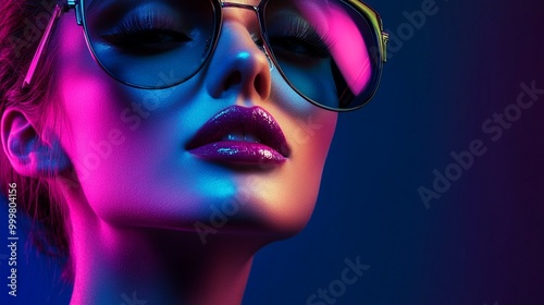 Vibrant neon portrait: woman's face in sunglasses, illuminated by electric blue and hot pink lights. Glossy purple lips pop against shadowy features.