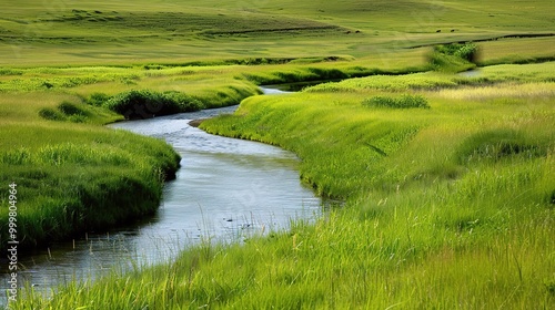 Beautiful Grassland River and Green Grassland Background: A Serene Natural Scene. Admire the Peace and Beauty