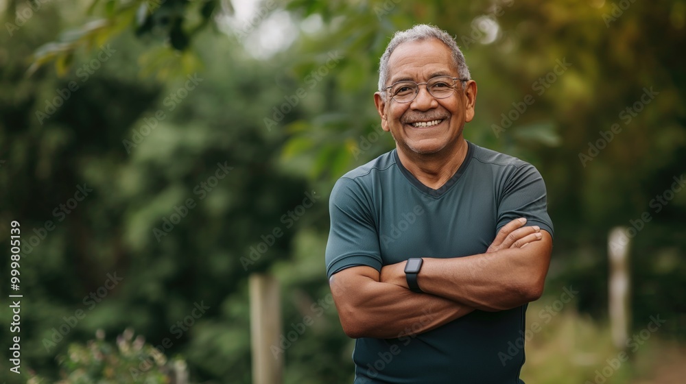 Obraz premium An older Indian man enjoys exercising outside, embodying happiness and determination