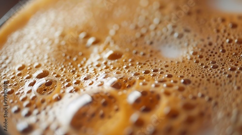 A close up of the rich frothy foam on a freshly brewed cup of coffee capturing its strong aroma and deep flavor photo