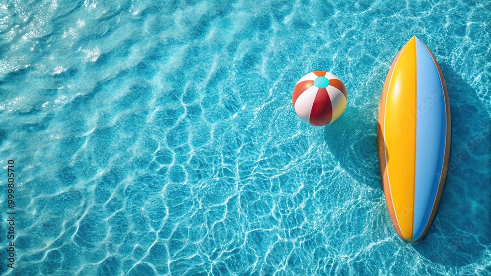 High angle minimalist summer background with surfboards and inflatable ball High angle minimalist summer background with surfboards and inflatable ball