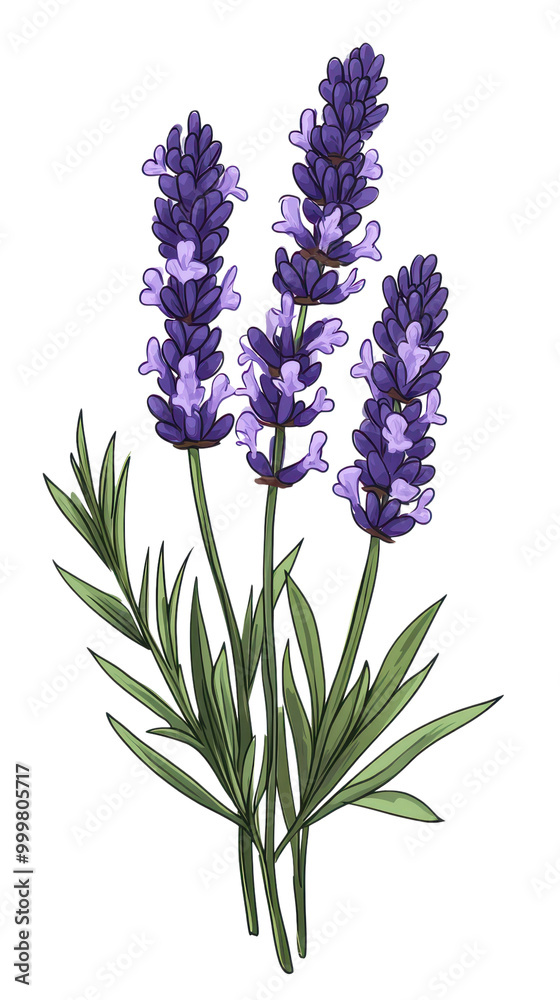 Fototapeta premium Lavender flowers with green leaves, white isolated background.