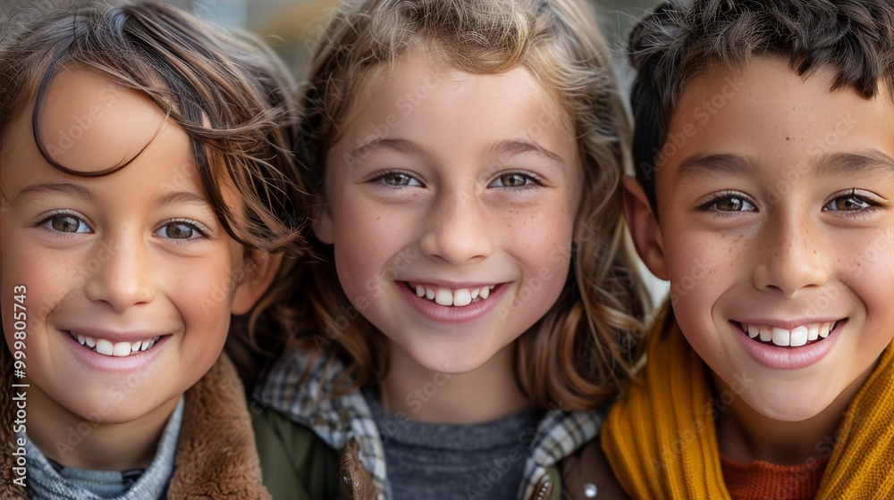 Three smiling kids from different backgrounds, faces close Three smiling kids from different backgrounds, faces close