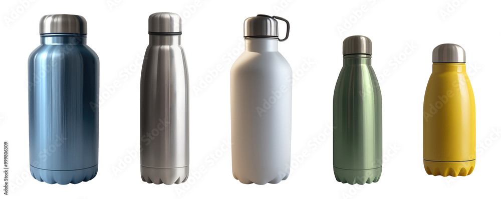 Set of modern stainless steel insulated flask water bottles isolated on transparent background. Generative AI Set of modern stainless steel insulated flask water bottles isolated on transparent background. Generative AI