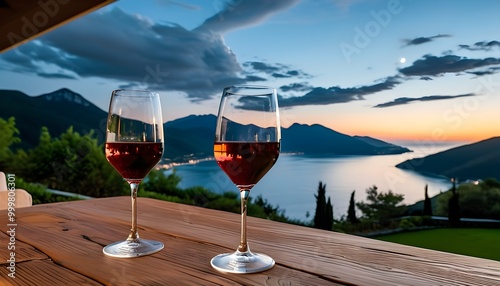 Charming outdoor dining setting with wine glasses, panoramic moonlit sea, and tranquil mountain views