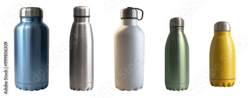 Set of modern stainless steel insulated flask water bottles isolated on transparent background. Generative AI