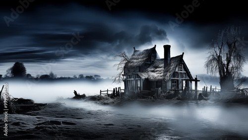 Abandoned Old House in a Gloomy Valley Under an Epic Sky