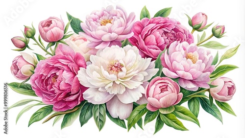 Fototapeta Naklejka Na Ścianę i Meble -  High angle pink and white peony bouquet watercolor clipart