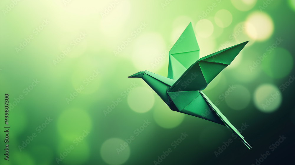 Fototapeta Green geometric hummingbird origami design in flight against a blurred green background, representing nature, creativity, and artistic expression in a modern digital art style