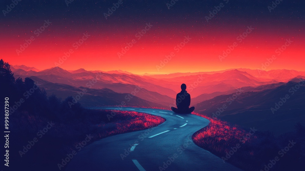 Obraz premium Silhouette of a Person on a Winding Mountain Road at Sunset