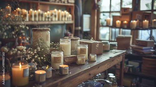 A small home candle making crafting business set up with customer orders and parcels in shot fictional labels invoices and product labels used