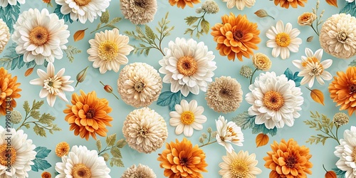 Fototapeta Naklejka Na Ścianę i Meble -  High angle seamless pattern of autumn flowers on pale blue background