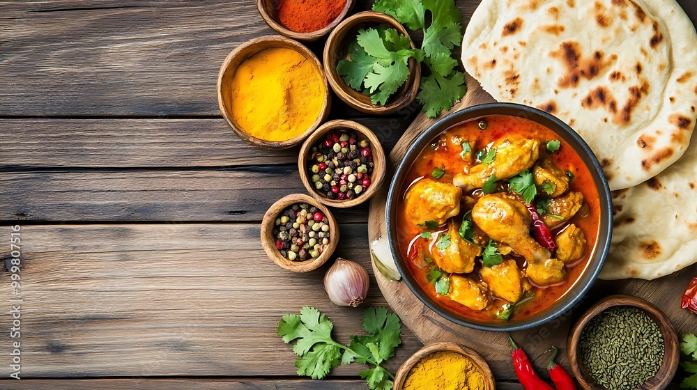 Indian Chicken Curry with Naan Bread and Spices Indian Chicken Curry with Naan Bread and Spices