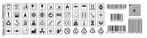 A set of packaging and warning symbols on cardboard background. Fragile package icons set, handle with care logistics and delivery shipping labels, fragile box