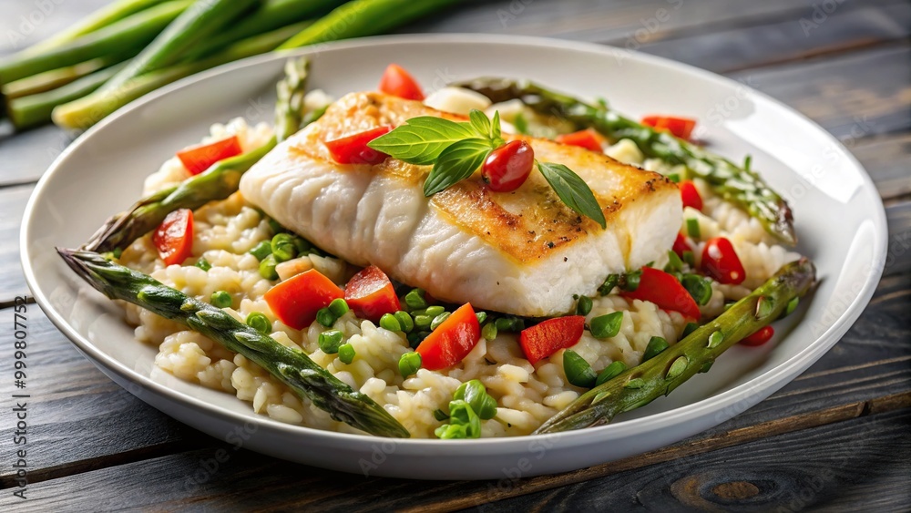 High angle shot of delicious cod loin risotto with asparagus High angle shot of delicious cod loin risotto with asparagus