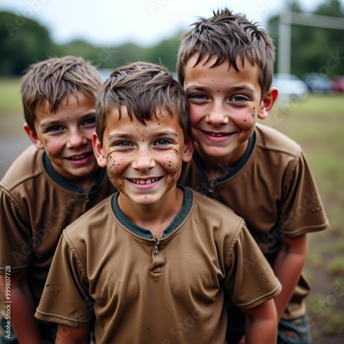 a bunch of kids playing and getting muddy. 