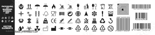Packing symbol for cardboard boxes and warning symbols. Big set of packing symbol isolated on transparent background. Vector illustration.